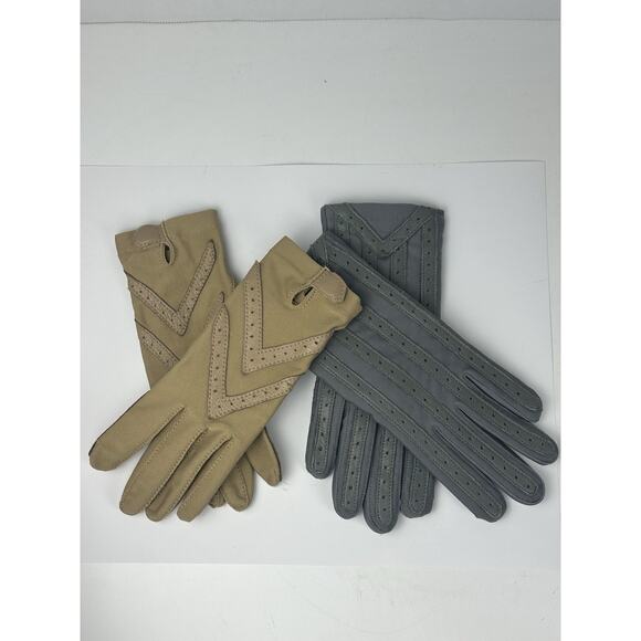 VTG 1980's Woman’s Driving Length Gloves Tan & Gray Stretch Nylon Leather Trim - Picture 1 of 9